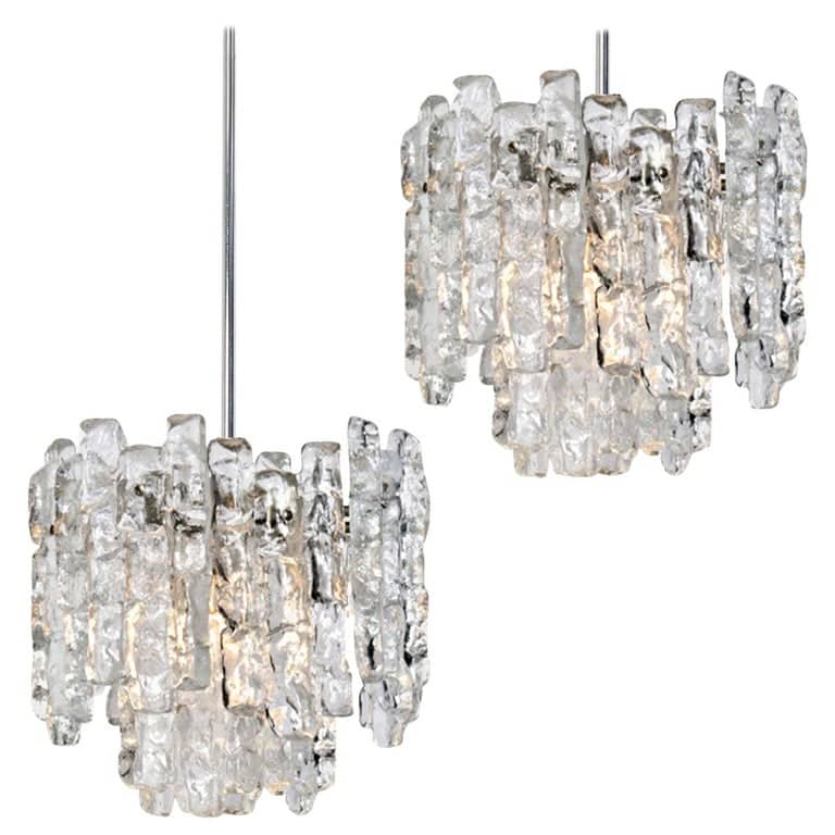 Pair of Kalmar Modern Ice Glass Pendants, 1970