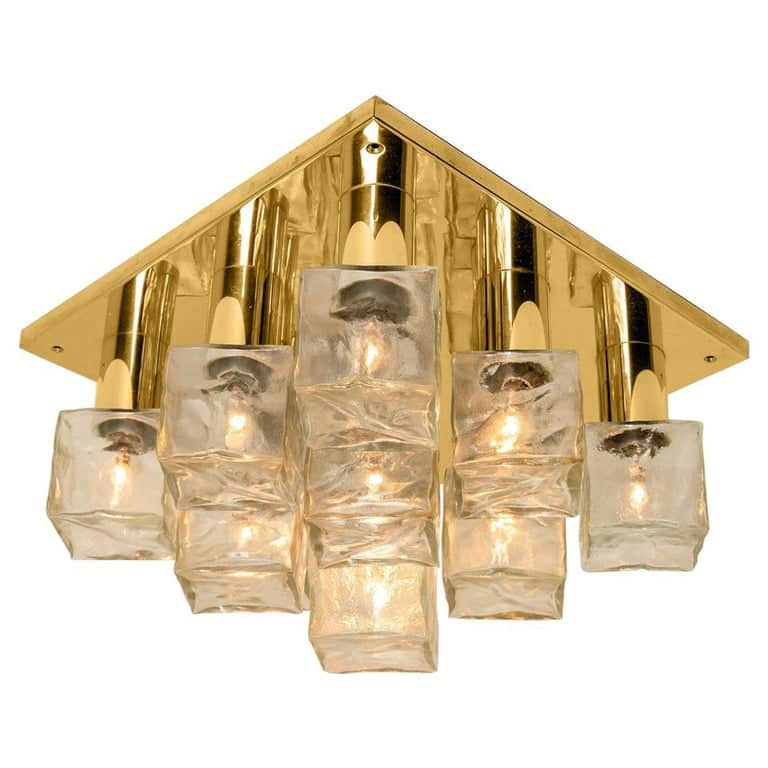 Kalmar Flush Mount Light or Sconce, Brass Ice Glass, 1970s