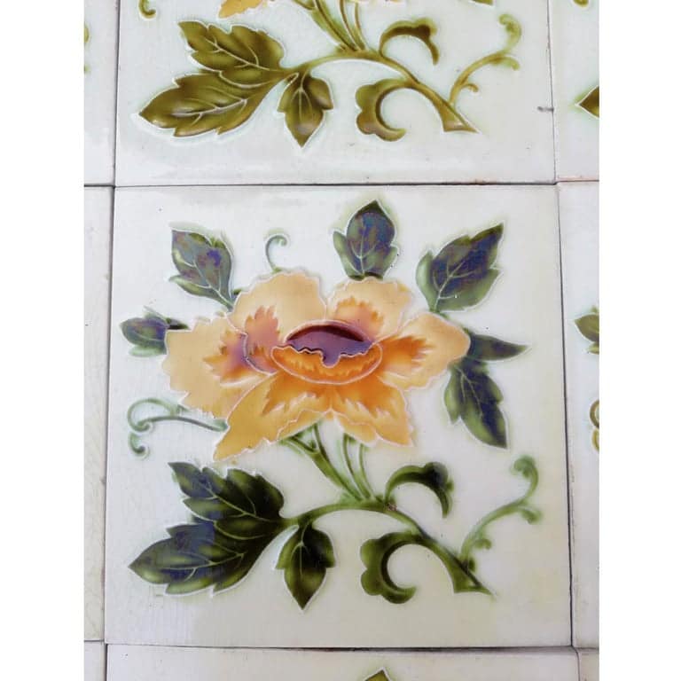 1 of the 80 Authentic Glazed Art Nouveau Relief Tiles Rose, Belga, circa 1930s