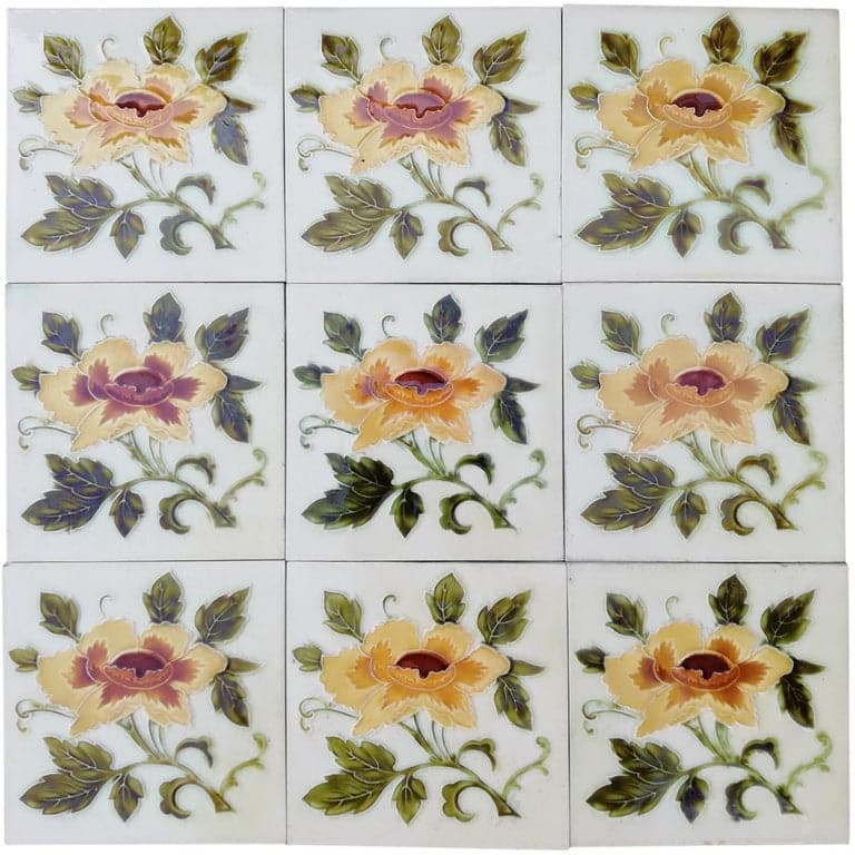 1 of the 30 Authentic Glazed Art Nouveau Relief Tiles Rose, Belga, circa 1930s