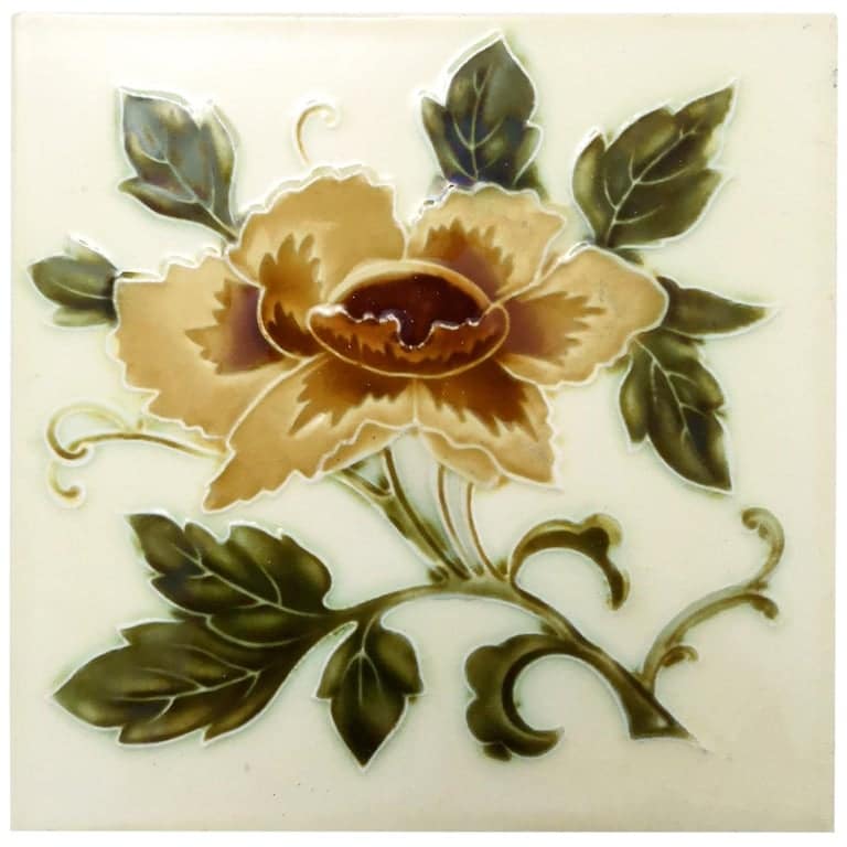 1 of the 80 Authentic Glazed Art Nouveau Relief Tiles Rose, Belga, circa 1930s