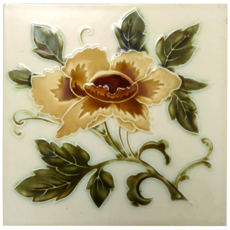 1 of the 80 Authentic Glazed Art Nouveau Relief Tiles Rose, Belga, circa 1930s