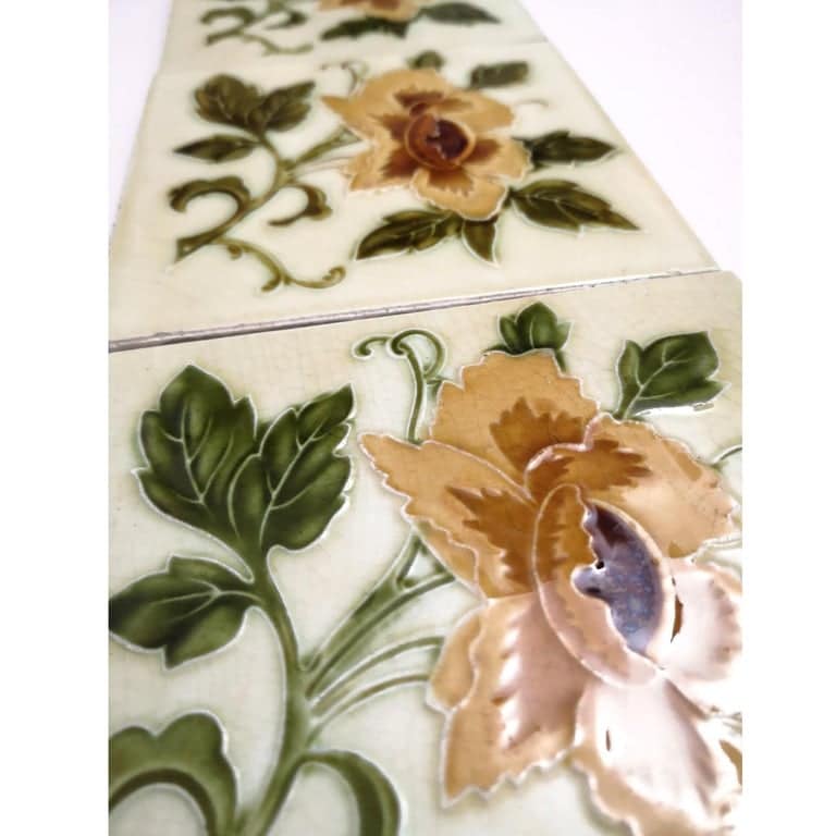 1 of the 80 Authentic Glazed Art Nouveau Relief Tiles Rose, Belga, circa 1930s