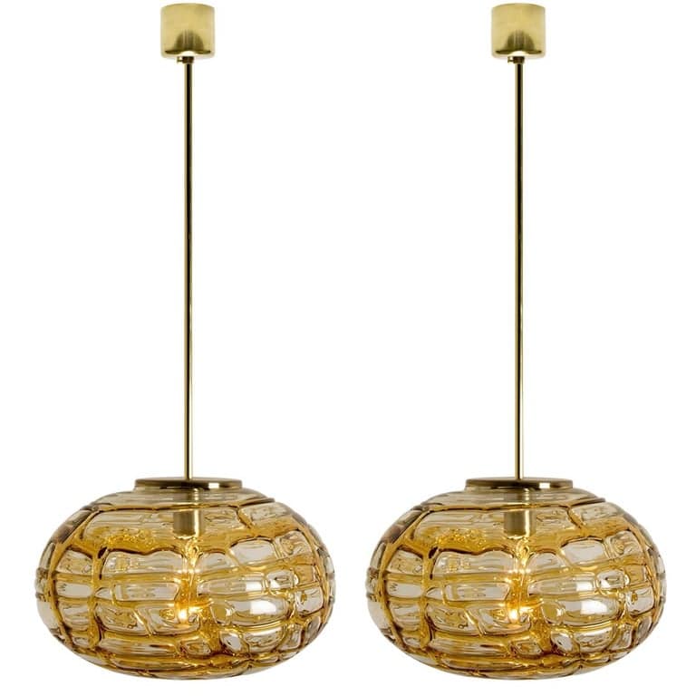Pair of Amber Murano Glass Pendant Lamp, 1960s