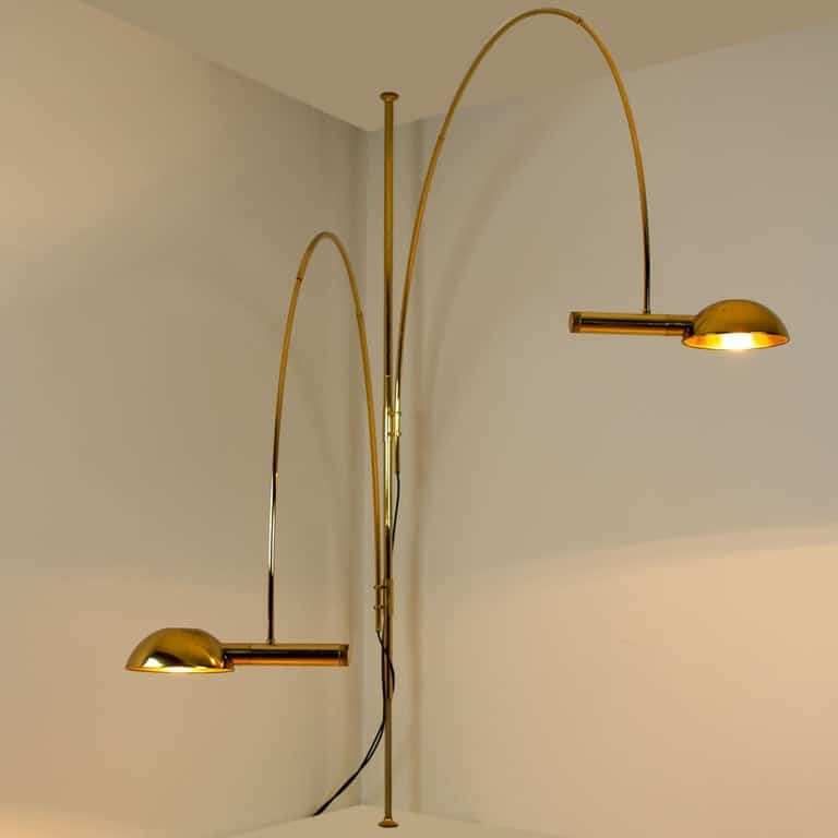 Florian Schulz Double Ball Brass Arc Floor Lamp, Height Adjustable, 1970