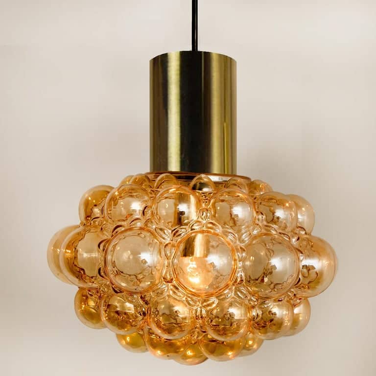 Pair of Amber Bubble Glass Pendant Lamps by Helena Tynell, 1960