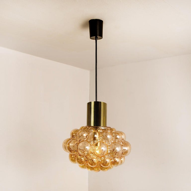 Pair of Amber Bubble Glass Pendant Lamps by Helena Tynell, 1960