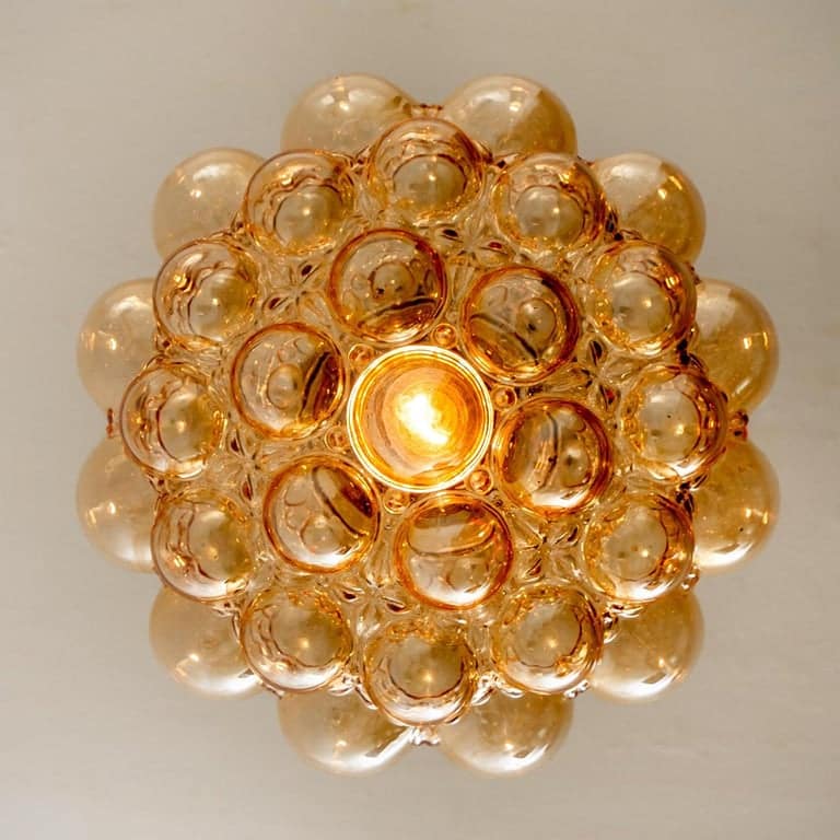 Pair of Amber Bubble Glass Pendant Lamps by Helena Tynell, 1960