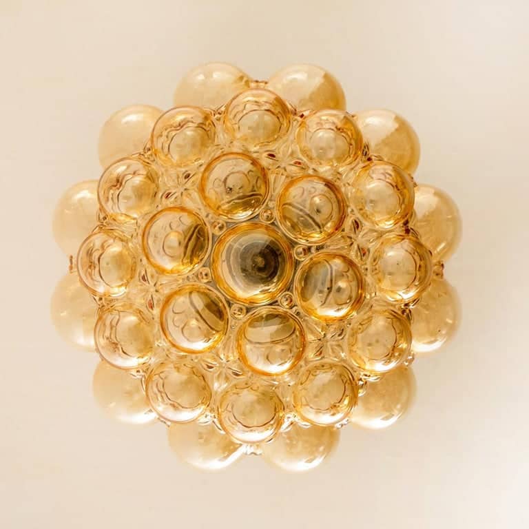 Pair of Amber Bubble Glass Pendant Lamps by Helena Tynell, 1960