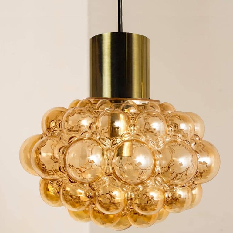 Pair of Amber Bubble Glass Pendant Lamps by Helena Tynell, 1960