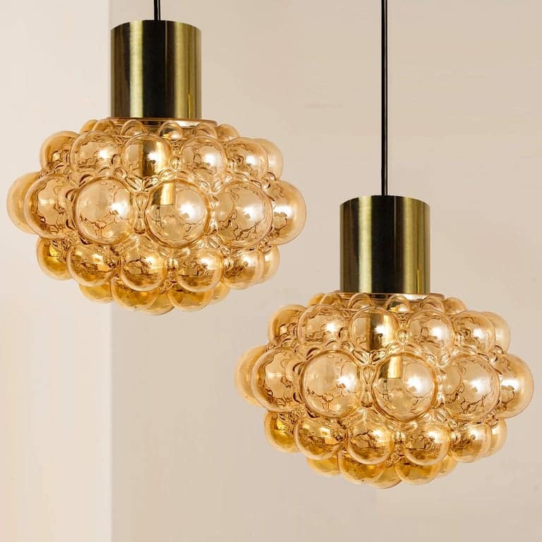 Pair of Amber Bubble Glass Pendant Lamps by Helena Tynell, 1960