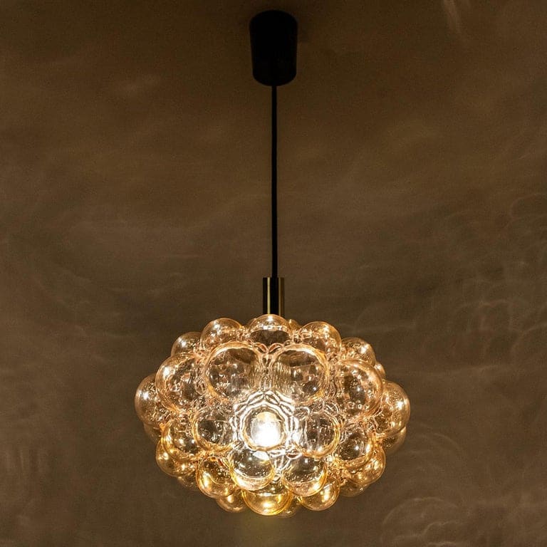 Pair of Amber Bubble Glass Pendant Lamps by Helena Tynell, 1960