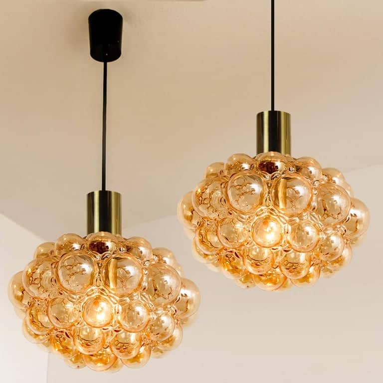 Pair of Amber Bubble Glass Pendant Lamps by Helena Tynell, 1960