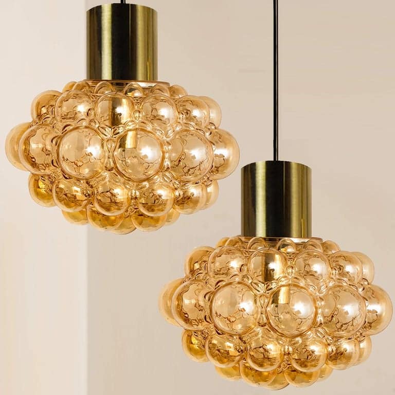 Pair of Amber Bubble Glass Pendant Lamps by Helena Tynell, 1960