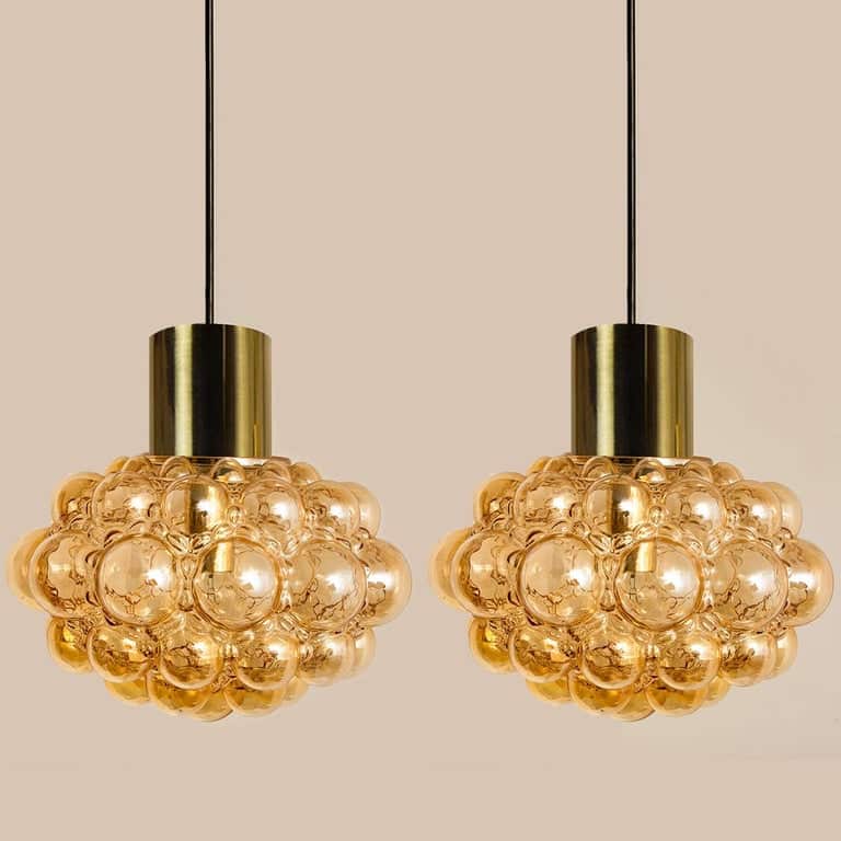 Pair of Amber Bubble Glass Pendant Lamps by Helena Tynell, 1960