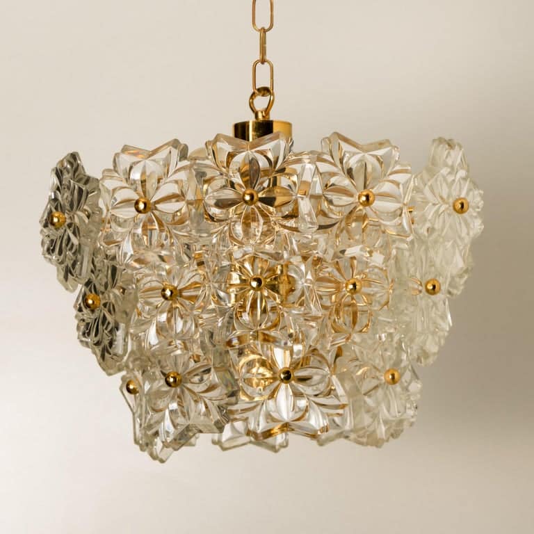 Glass and Brass Floral Three Tiers Light Fixture from Hillebrand, 1970s
