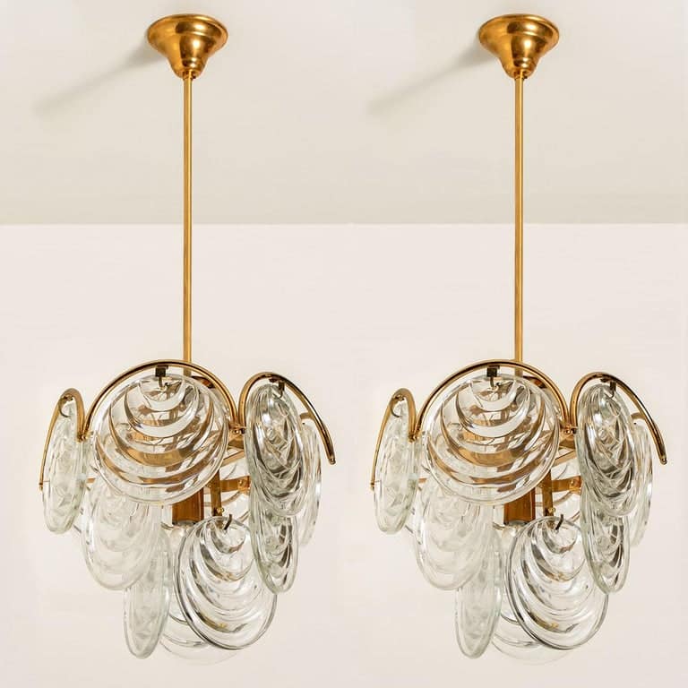 1 of the 2 of Glass and Brass Two Tiers Light Fixtures, 1970s