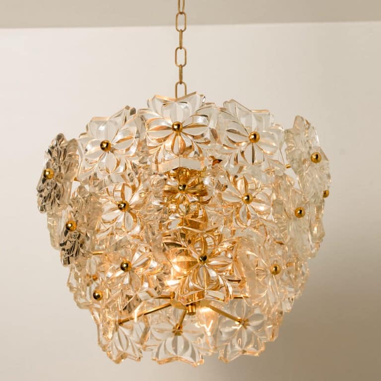 Pair of Glass and Brass Floral Three Tiers Light Fixture from Hillebrand, 1970s