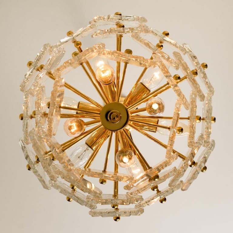 Glass and Brass Floral Three Tiers Light Fixture from Hillebrand, 1970s