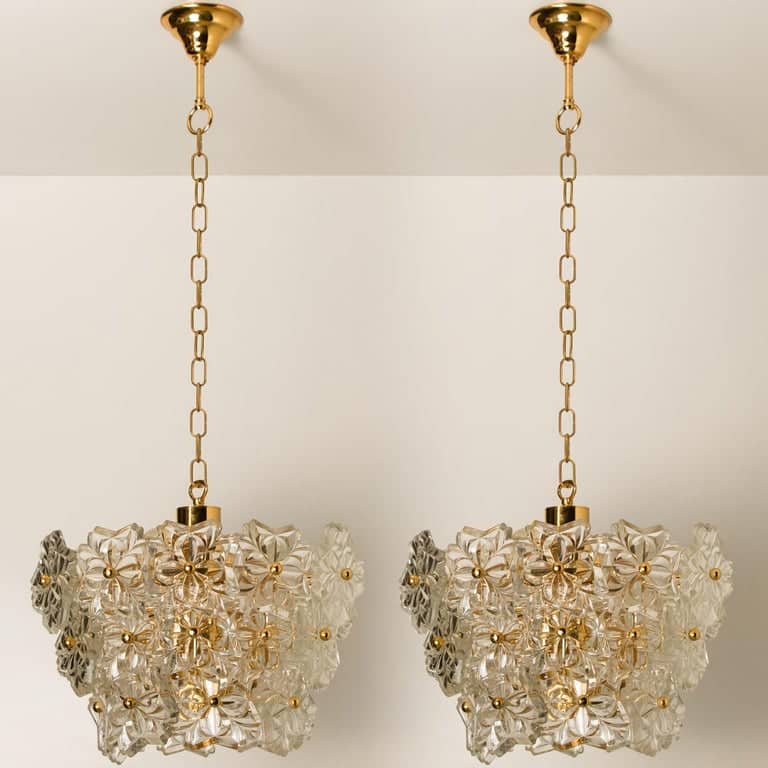 Pair of Glass and Brass Floral Three Tiers Light Fixture from Hillebrand, 1970s