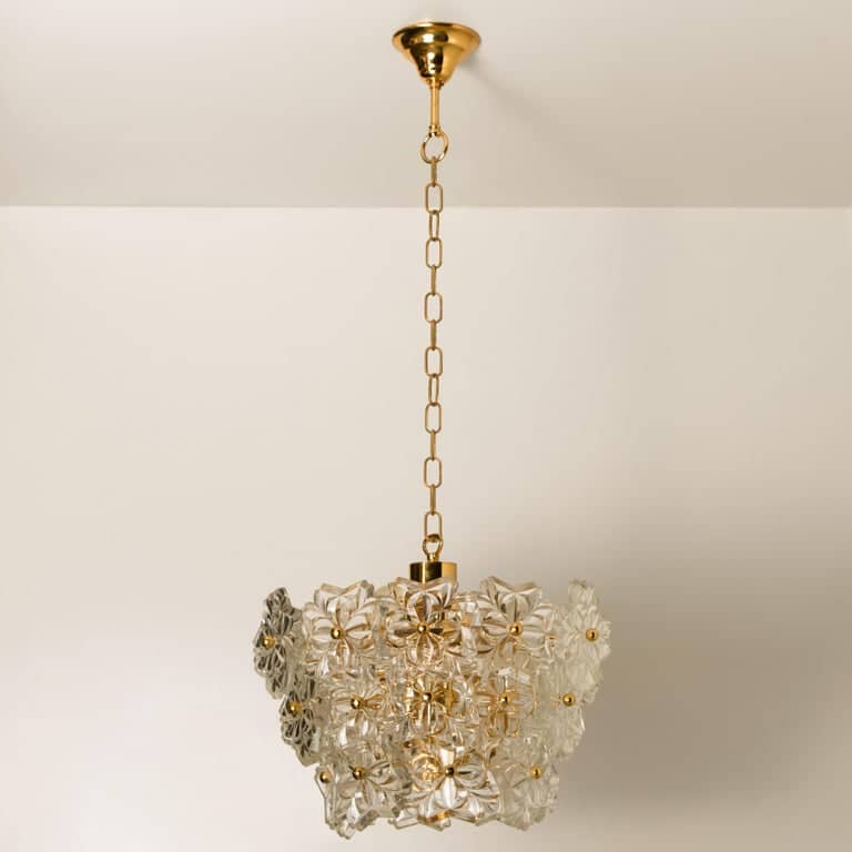 Glass and Brass Floral Three Tiers Light Fixture from Hillebrand, 1970s