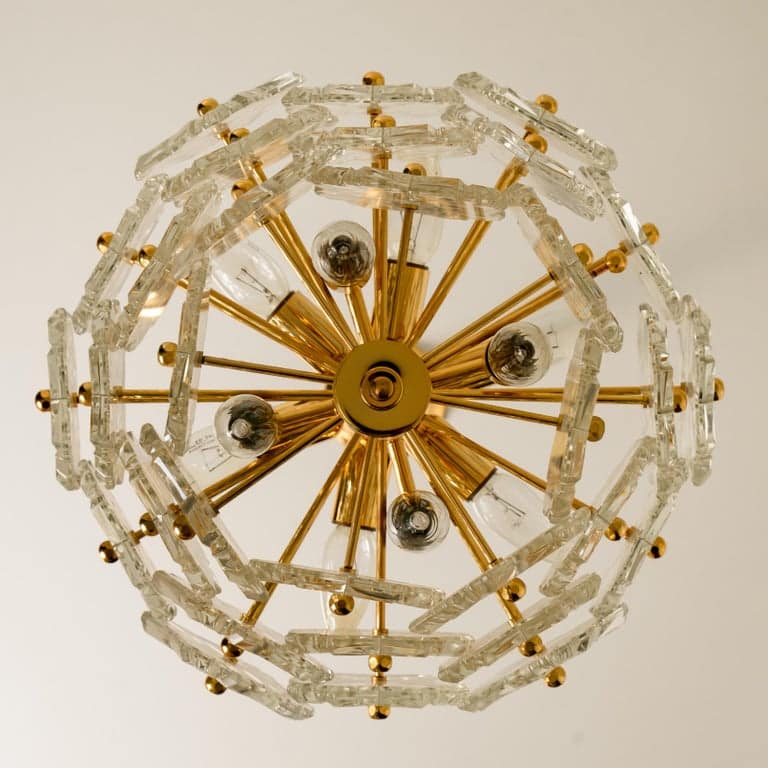 Glass and Brass Floral Three Tiers Light Fixture from Hillebrand, 1970s