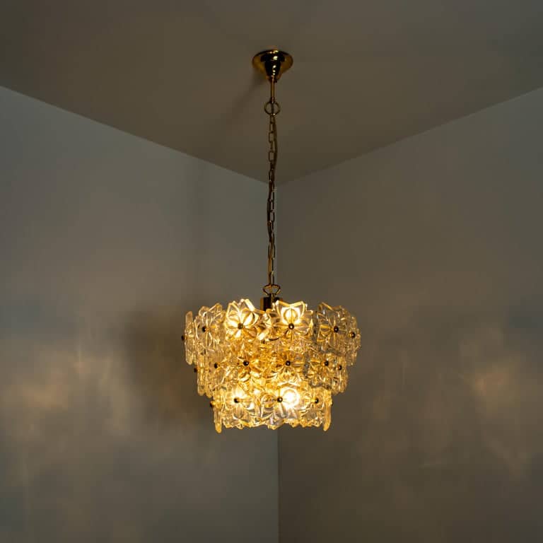 Pair of Glass and Brass Floral Three Tiers Light Fixture from Hillebrand, 1970s