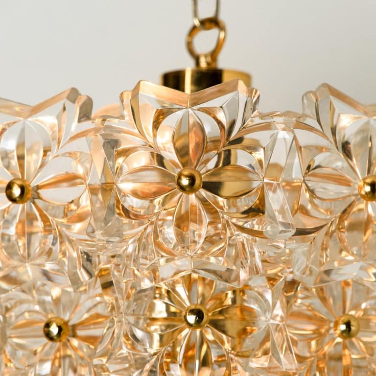 Glass and Brass Floral Three Tiers Light Fixture from Hillebrand, 1970s