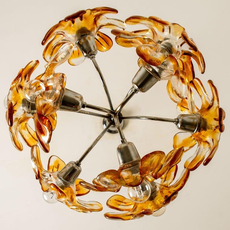 Murano Chandelier Orange Clear Glass, Chrome, by Mazzega, 1960s