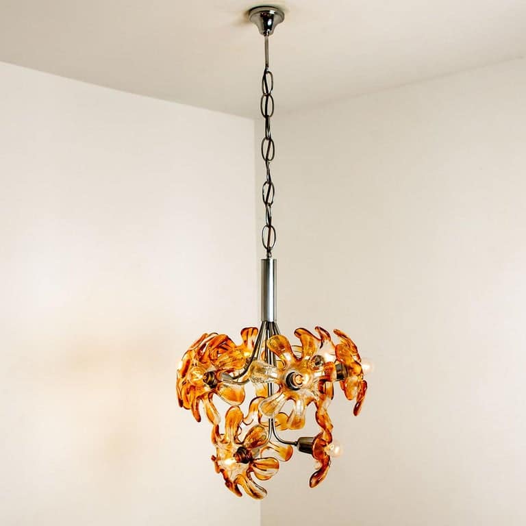 Murano Chandelier Orange Clear Glass, Chrome, by Mazzega, 1960s