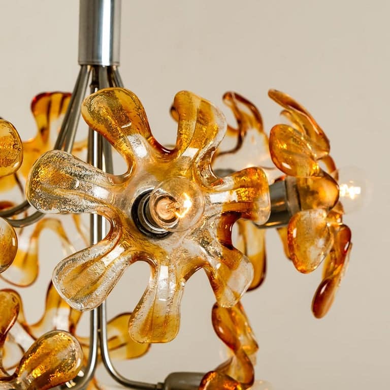 Murano Chandelier Orange Clear Glass, Chrome, by Mazzega, 1960s