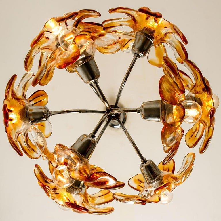 Murano Chandelier Orange Clear Glass, Chrome, by Mazzega, 1960s