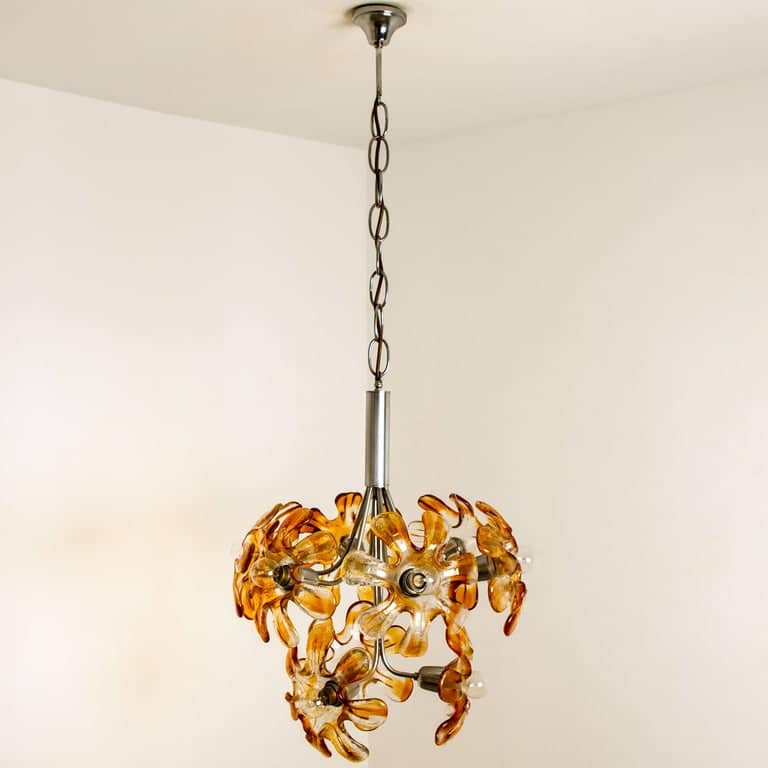 Murano Chandelier Orange Clear Glass, Chrome, by Mazzega, 1960s