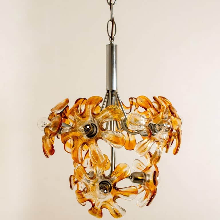 Murano Chandelier Orange Clear Glass, Chrome, by Mazzega, 1960s