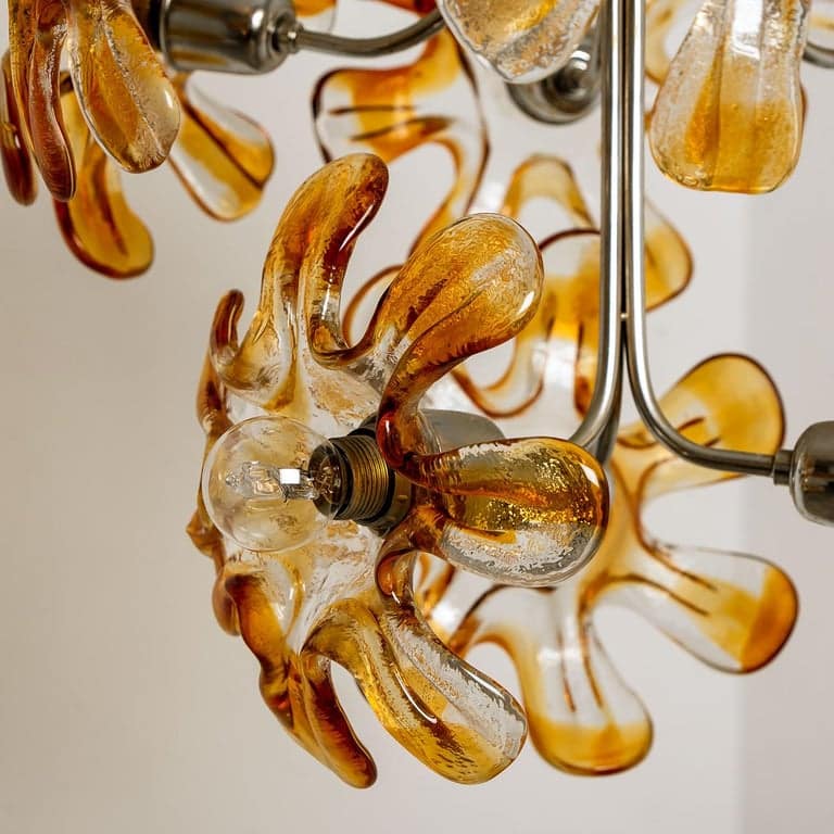 Murano Chandelier Orange Clear Glass, Chrome, by Mazzega, 1960s