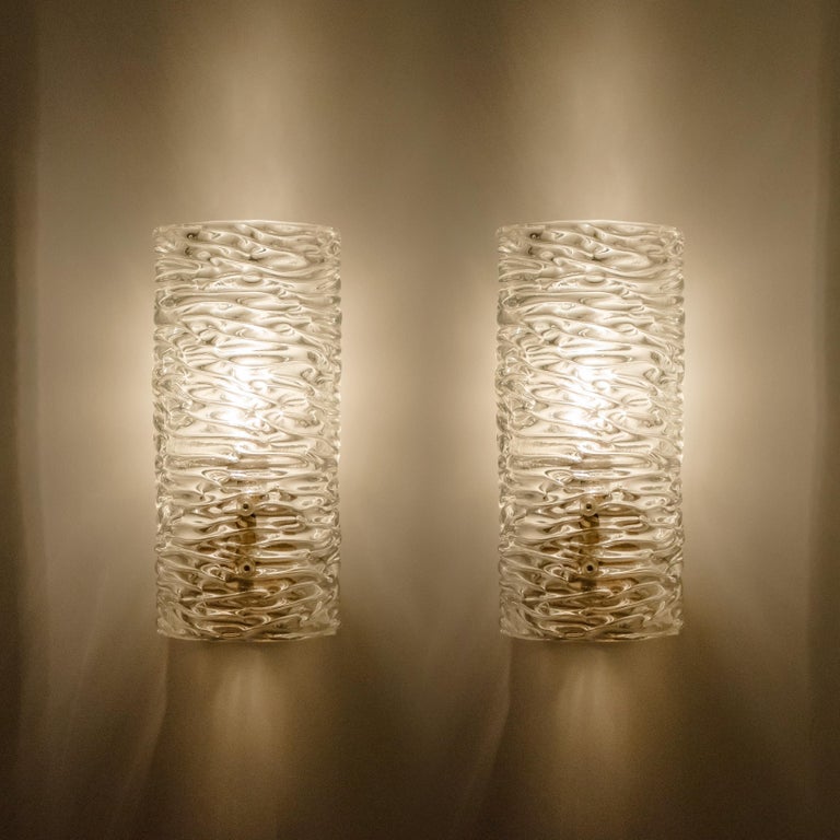 Pair of  Handmade Brass and Glass Wall Lights or Sconces by J.T. Kalmar, Austria