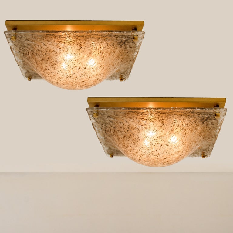 1 of the 2 Square Domed Murano Flush Mount Wall lights, Smokey Glass Brass