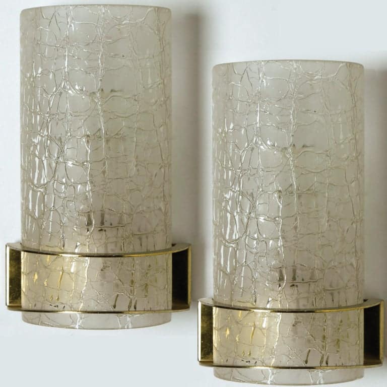 Pair of Hillebrand Massive Crackle Glass Wall Light Fixtures, 1960