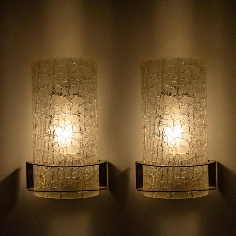 Pair of Hillebrand Massive Crackle Glass Wall Light Fixtures, 1960