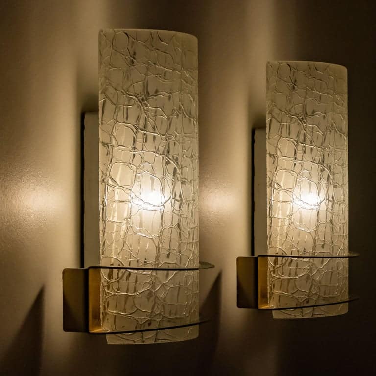 Pair of Hillebrand Massive Crackle Glass Wall Light Fixtures, 1960