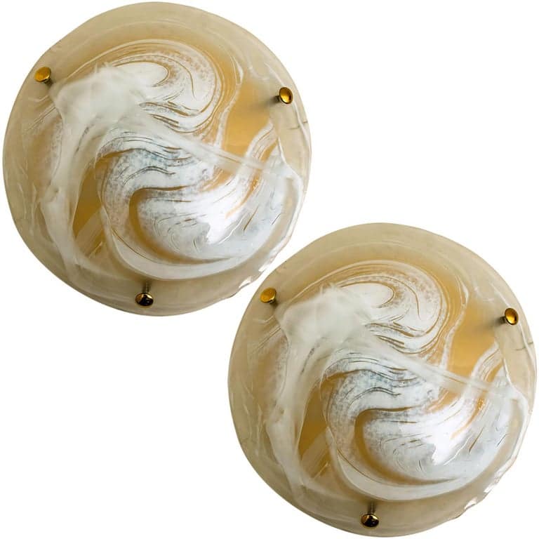 Several Brass Massive Murano Glass Wall Lights or Flush Mounts, 2 Sizes