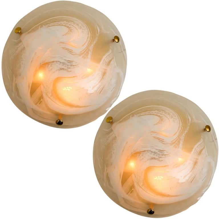 Several Brass Massive Murano Glass Wall Lights or Flush Mounts, 2 Sizes