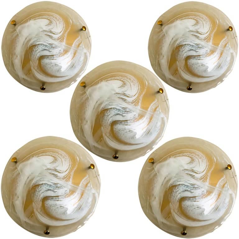 Several Brass Massive Murano Glass Wall Lights or Flush Mounts, 2 Sizes