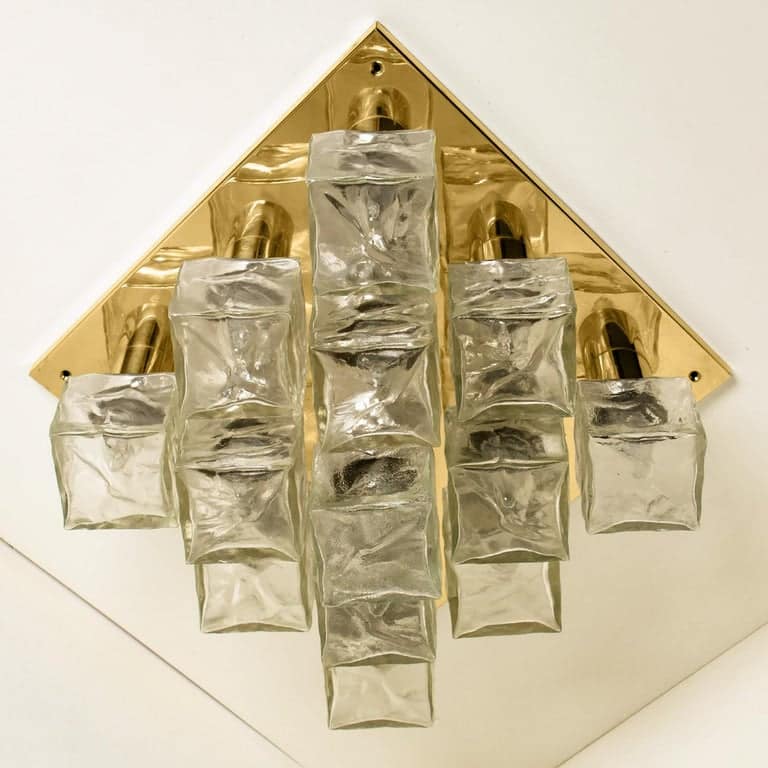 Kalmar Flush Mount Light or Sconce, Brass Ice Glass, 1970s