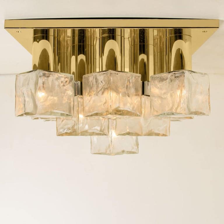 Kalmar Flush Mount Light or Sconce, Brass Ice Glass, 1970s