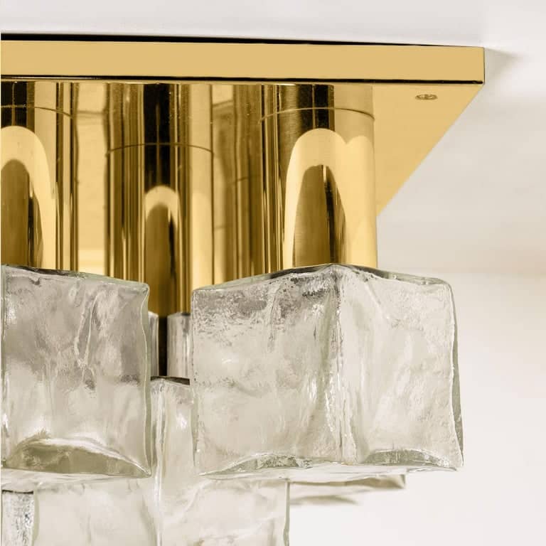 Kalmar Flush Mount Light or Sconce, Brass Ice Glass, 1970s