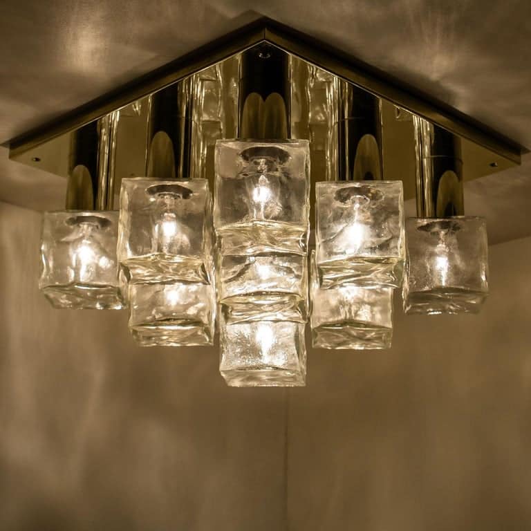 Kalmar Flush Mount Light or Sconce, Brass Ice Glass, 1970s
