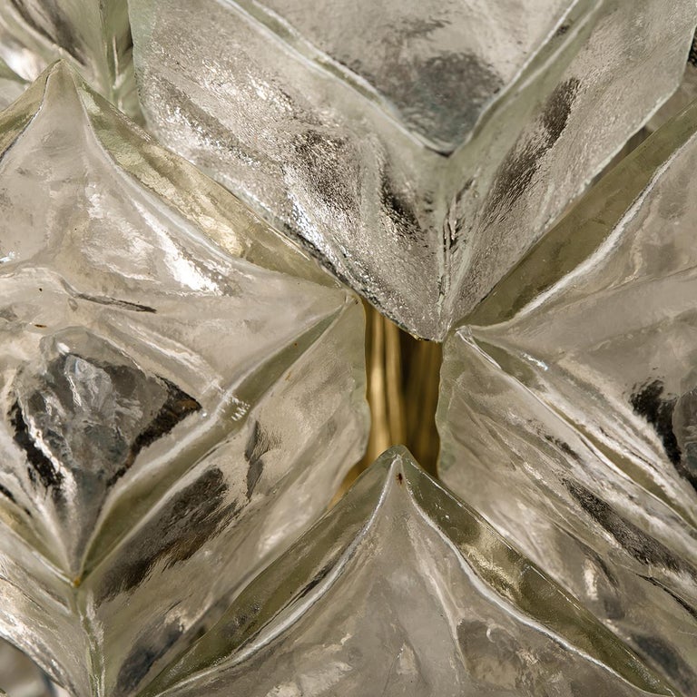 Kalmar Flush Mount Light or Sconce, Brass Ice Glass, 1970s