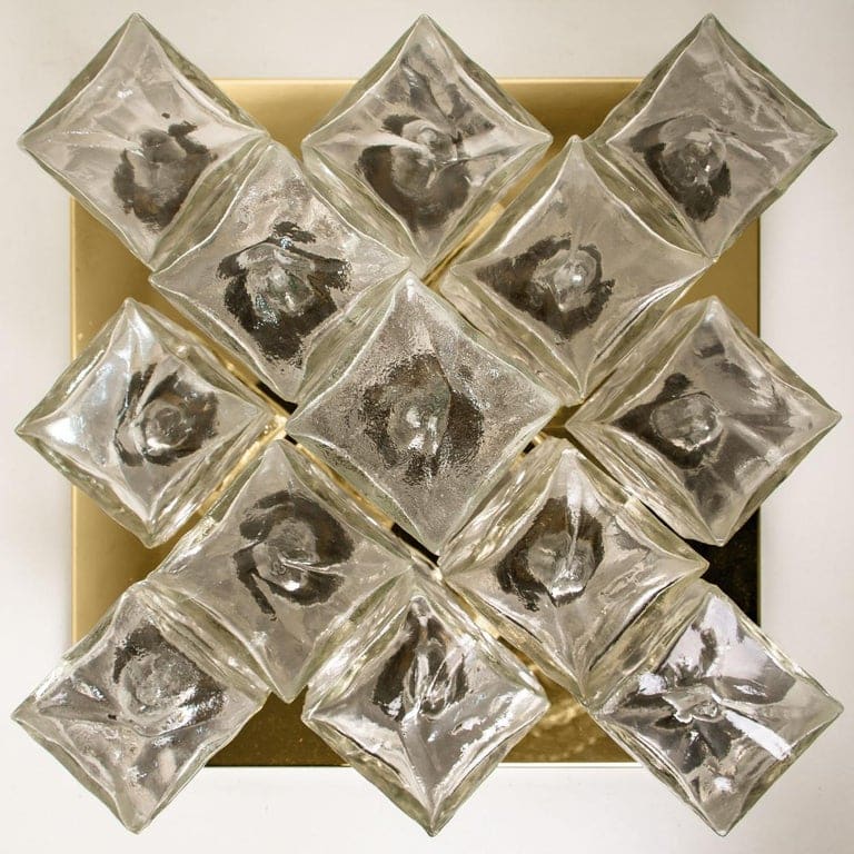 Kalmar Flush Mount Light or Sconce, Brass Ice Glass, 1970s