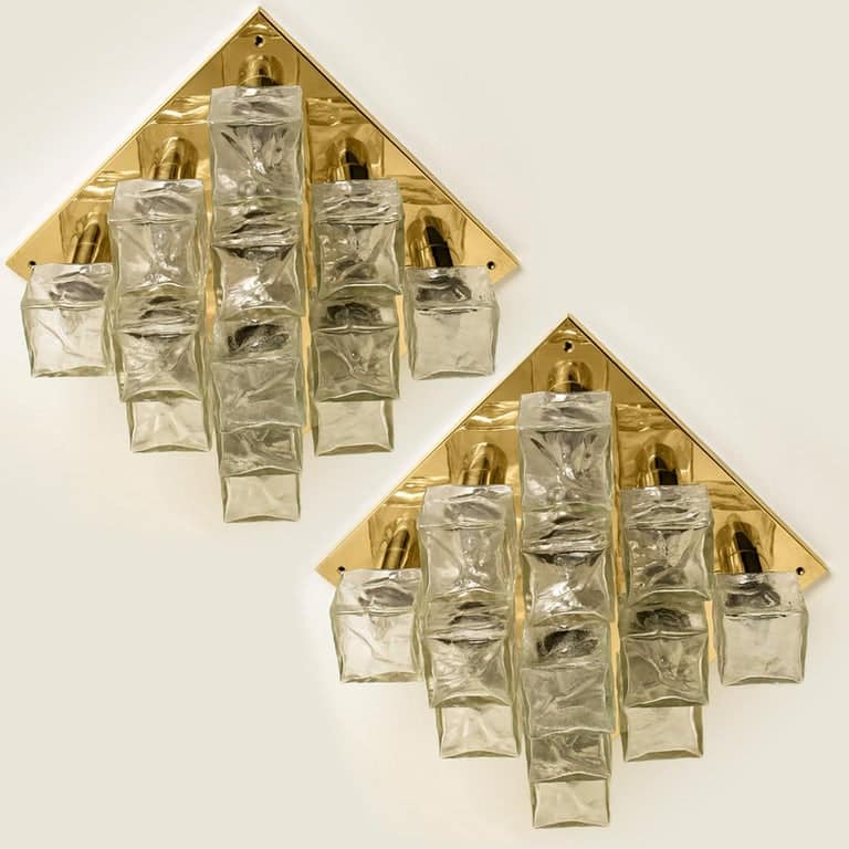 Kalmar Flush Mount Light or Sconce, Brass Ice Glass, 1970s